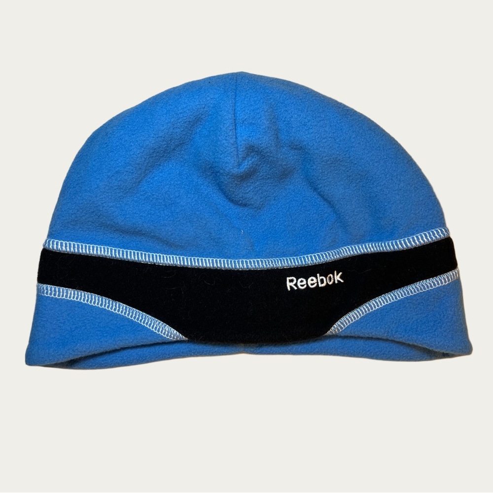 Reebok Sky‎ Blue and Black Fleece Beanie For Women With Ponytail Hole OS